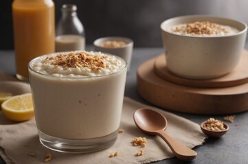 Obraz na płótnie Canvas Creamy rice pudding breakfast with granola and honey drizzle