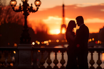 couple at sunset in Paris with eiffel Towers