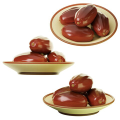 3D Icon Ramadan a plate of dates on three points of view. On transparent background. 3D illustration. High resolution
