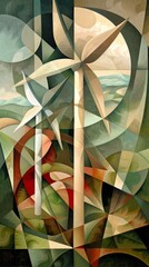 A cubist interpretation of a wind farm, with abstract shapes representing the movement and energy of wind turbine
