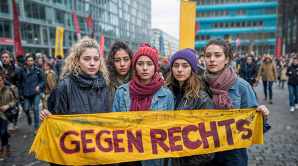 Junge Aktivisten halten bei einer Demonstration ein Protestbanner 
