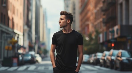 Young Model Shirt Mockup, Boy wearing black t-shirt on street in daylight, Shirt Mockup Template on hipster adult for design print, Male guy wearing casual t-shirt mockup placement, generative ai
