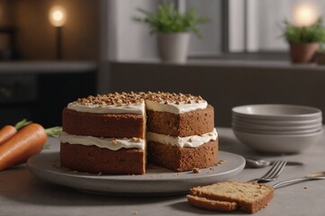 Homemade carrot cake with cream cheese frosting on kitchen counter