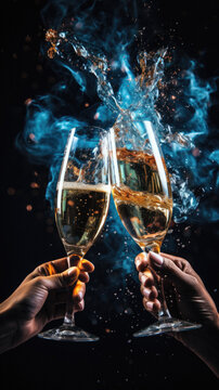 Two hands clinking glasses with champagne and splashes isolated on black background