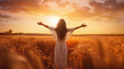 Young woman in white dress on wheat field at sunset. Freedom concept