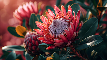 Nature's Palette, Bright and Colorful Protea Flower Adorning a Bohemian Background. Generative AI