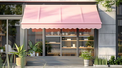 Retail Radiance: Pink Awning Concept in Commercial Architecture. Generative AI - obrazy, fototapety, plakaty