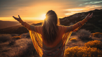 Young woman with arms outstretched enjoying the beautiful sunset over the mountains