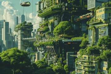 Illustration of a futuristic cityscape with green rooftops, vertical gardens, and hover cars, emphasizing sustainable urban living
