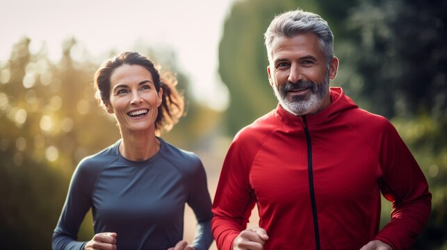 a middle-aged man and woman running in the park. The concept of a healthy lifestyle in adulthood