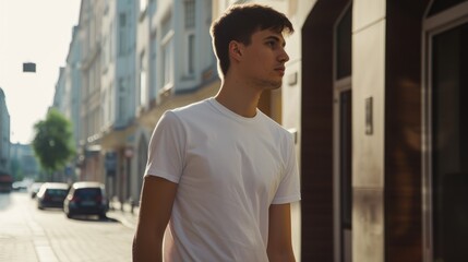 Obraz premium Young Model Shirt Mockup, Boy wearing white t-shirt on street in daylight, Shirt Mockup Template on hipster adult for design print, Male guy wearing casual t-shirt mockup placement, generative ai