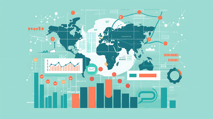 flat ui illustration of global market analysis, stocks market, financial evolution - obrazy, fototapety, plakaty