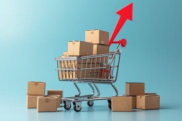 Supermarket cart with many boxes and a red arrow up. Internet sales and e-commerce. AI Generated