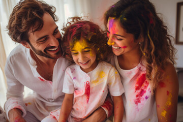 A Indian family including children celebrating Holi festival with colours	 - obrazy, fototapety, plakaty