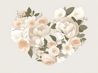 Corazón floral de colores neutros minimalista sobre un fondo gris claro. Vista de frente y de cerca. IA Generativa