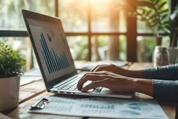 business man hand working on laptop computer financial with graphic graph chart diagram AI Generated