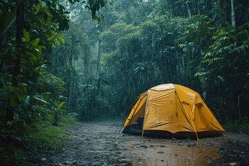 Set up a camping tent in the middle of a forest where it was raining heavily. AI Generated