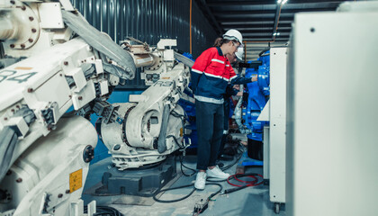 Fototapeta premium Robotic Technicians Inspecting and Repairing Factory Robot.