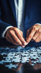 Close-up image of businessman's hand connecting jigsaw puzzle piece