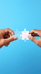 Hands connecting jigsaw puzzle pieces over blue background with copy space