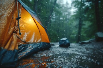 Set up a camping tent in the middle of a forest where it was raining heavily. AI Generated