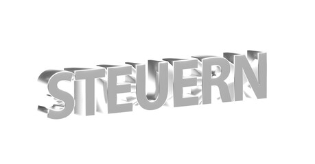Steuern - silberne plakative 3D-Schrift, Abgaben, Finanzamt, Einkommensteuer, Umsatzsteuer, Körperschaftsteuer, Mehrwertsteuer, Steuerpflicht, Business, Freisteller, Rendering