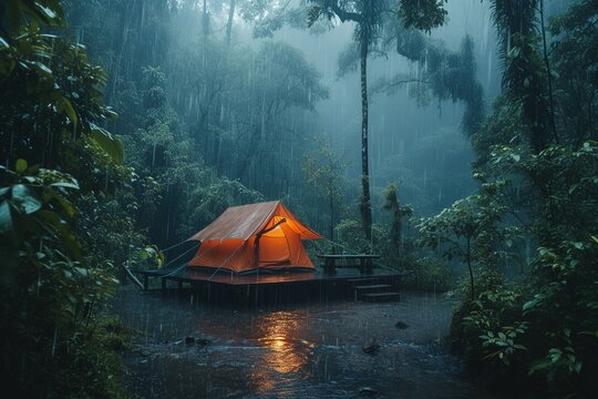 Set up a camping tent in the middle of a forest where it was raining heavily. AI Generated