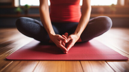 Mid section of woman meditating while sitting on yoga mat at home