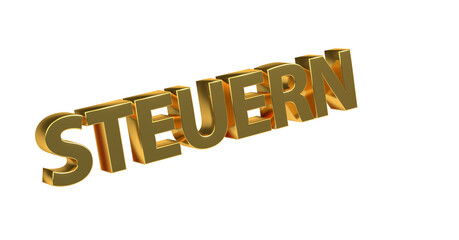 Steuern - goldene plakative 3D-Schrift, Abgaben, Finanzamt, Einkommensteuer, Umsatzsteuer, Körperschaftsteuer, Mehrwertsteuer, Steuerpflicht, Business, Freisteller, Rendering