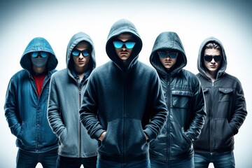 Group of hacker, cybercriminal with laptop stealing user personal data. Hacker attack and web security. Hacker in black hood with laptop trying to cyber attack. Generative AI.