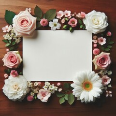 A blank white rectangular card surrounded by various flowers on a wooden surface. The flowers include white roses, pink roses, and a single white daisy with a yellow center.