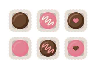 An illustration set of sweet chocolate gifts made with cocoa and sugar for lovers to celebrate 'Valentine's Day'. The chocolate is circle shaped in brown and pink colors.