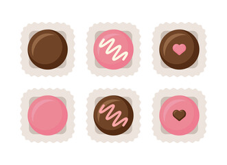 An illustration set of sweet chocolate gifts made with cocoa and sugar for lovers to celebrate 'Valentine's Day'. The chocolate is circle shaped in brown and pink colors.