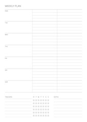 A weekly plan design template in a modern, simple, and minimalist style. Note, scheduler, diary, calendar, planner document template illustration. - obrazy, fototapety, plakaty
