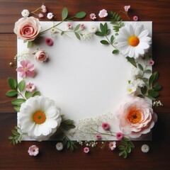 Obraz na płótnie Canvas A blank white rectangular card surrounded by various flowers on a wooden surface. The flowers include white roses, pink roses, and a single white daisy with a yellow center