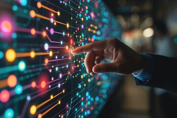 Man hand touching Global Internet connection. Financial and Digital link tech big data. AI Generated