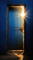 Door of a blue house with sun rays coming through the door