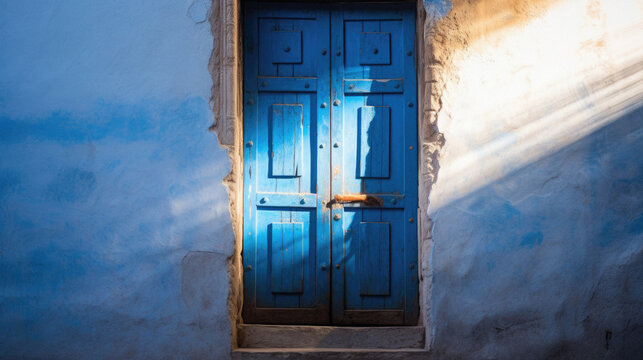Blue wooden door in the city of Chefchaouen, Morocco