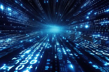 Blue digital binary data on computer screen background, Ai generated