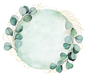 Round frame made with green and golden watercolor eucalyptus leaves, wedding illustration © katrinshine