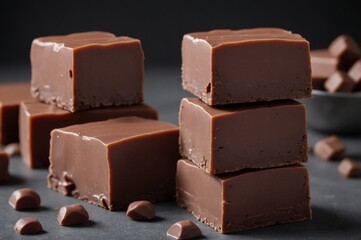 Decadent chocolate fudge pieces on dark background