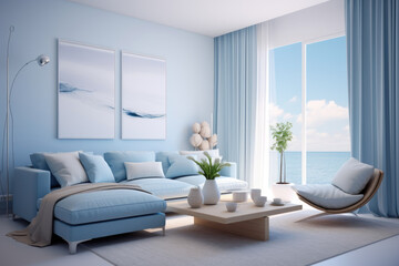 Seating group and decor modern minimal living room interior design sky blue colors