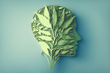 human brain made of hemp (medical marijuana,  cannabis) leaves. generated by AI.
