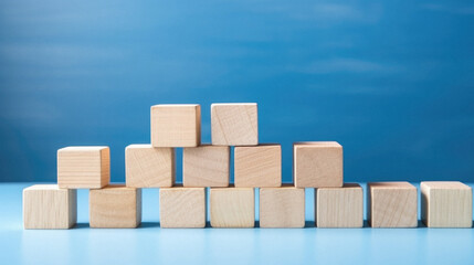 Wooden blocks on blue background with copy space. Business growth concept .