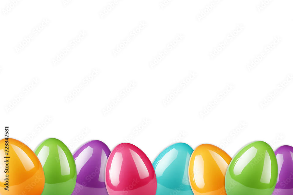 Poster Bottom border of Easter colorful eggs on transparent background banner. Easter eggs horizontal seamless pattern. Easter eggs set. PNG image