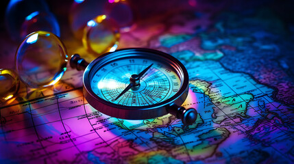 magnifying glass and a compass on world map neon background, travel concept