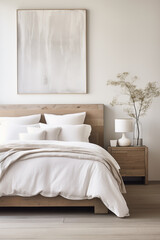 Bright modern bedroom with natural materials, a vertical poster above a wooden bed with linen bedding, a white lamp, and dried flowers in a glass vase on a wooden bedside table.