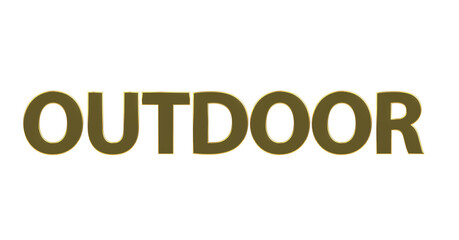 Outdoor - goldene plakative 3D-Schrift, draußen, Natur, Sport, Erholung, Joggen, Wandern, Fahrradfahren, Aktivitäten, Freisteller, Rendering
