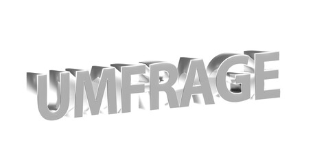 Umfrage - silberneplakative 3D-Schrift, Meinungsumfrage, online Umfrage, Wahlumfrage, Umfrage Auswertung, Meinung, anonym, Trend, Wünsche, Interessen, Marketing, Marktforschung, Rendering, Freisteller