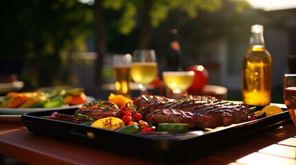 grilled meat and vegetables and wine 